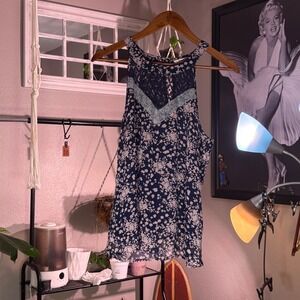 Skies Are Blue Floral Halter Top Navy Lavender Lace Yoke Blouse L